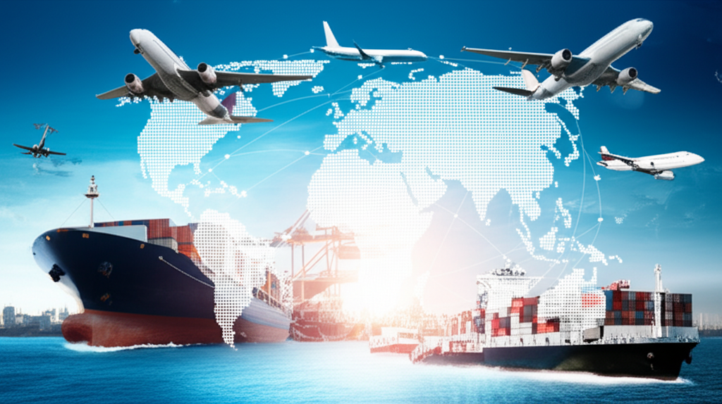 Global trade and logistics network of LD IKLEO Company with cargo ships and containers.